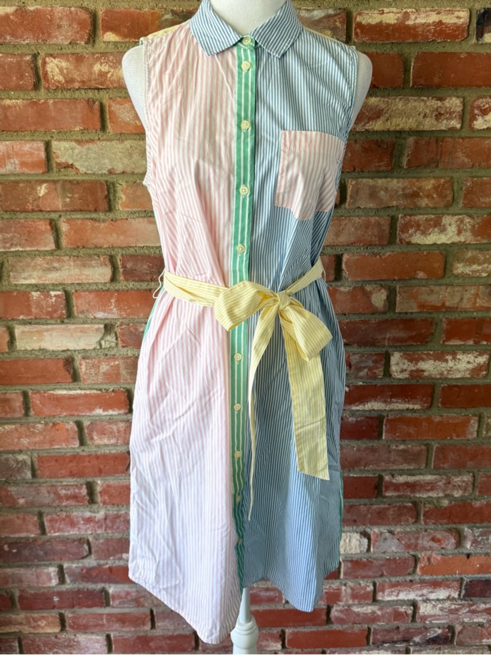 Sleeveless Striped Button-Front Shirt Dress with Yellow Tie
